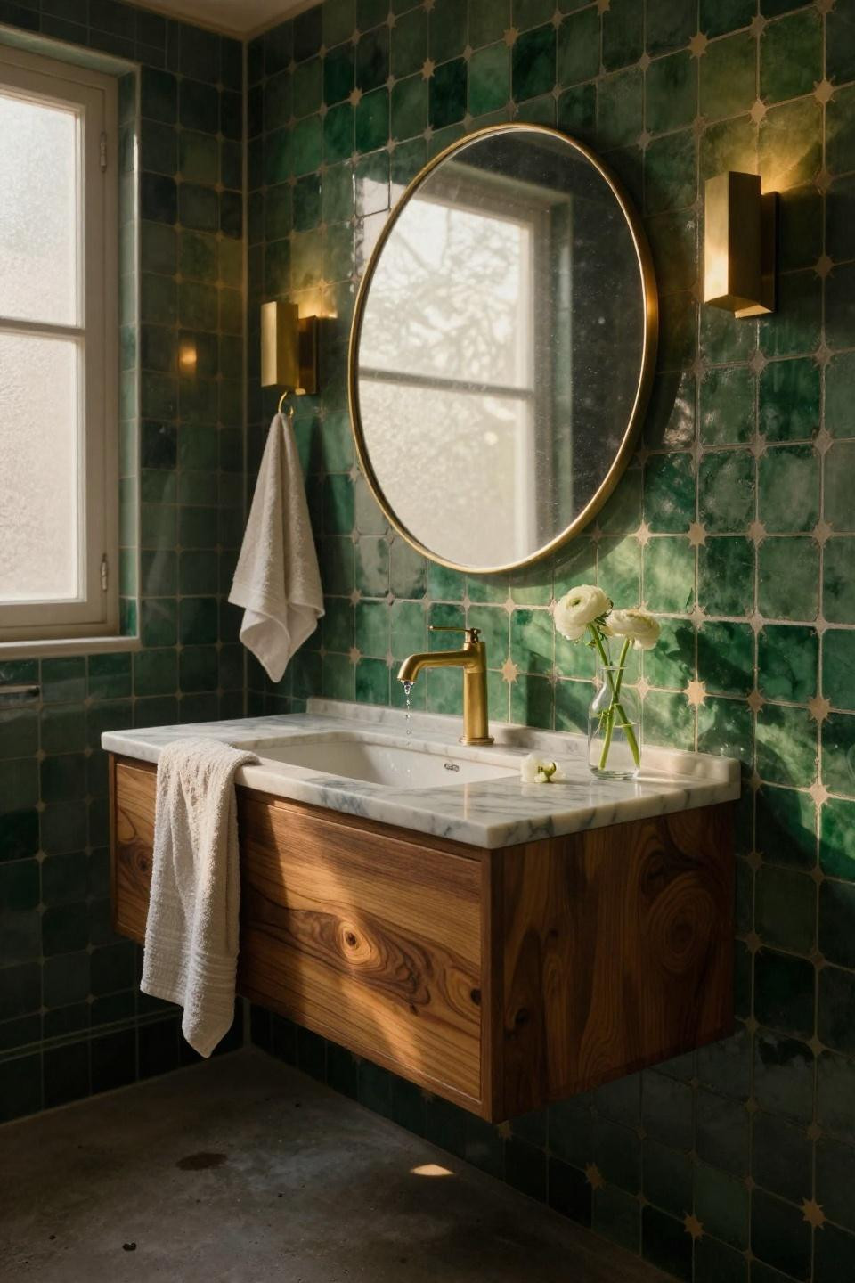 Half Bathroom Ideas - Moroccan zellige tiles in deep green powder room