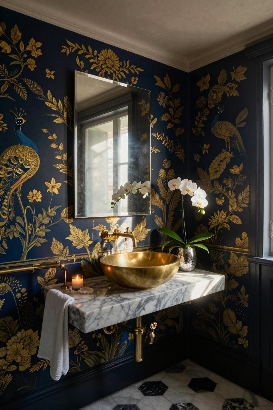 Half Bathroom Ideas - hand-painted peacock wallpaper in dramatic powder room