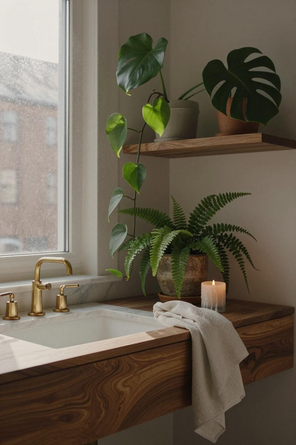 Half Bathroom Ideas - floating shelves display pothos and fern in cozy space