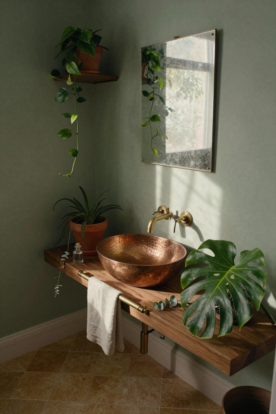 Half Bathroom Ideas - trailing plants and copper sink in sage powder room