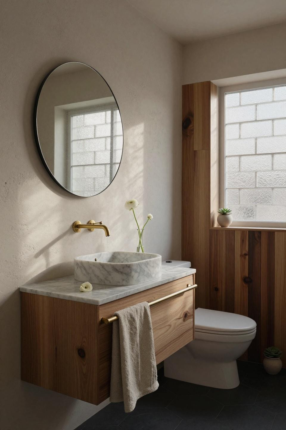 Half Bathroom Ideas - vertical wood slats behind toilet in minimalist space
