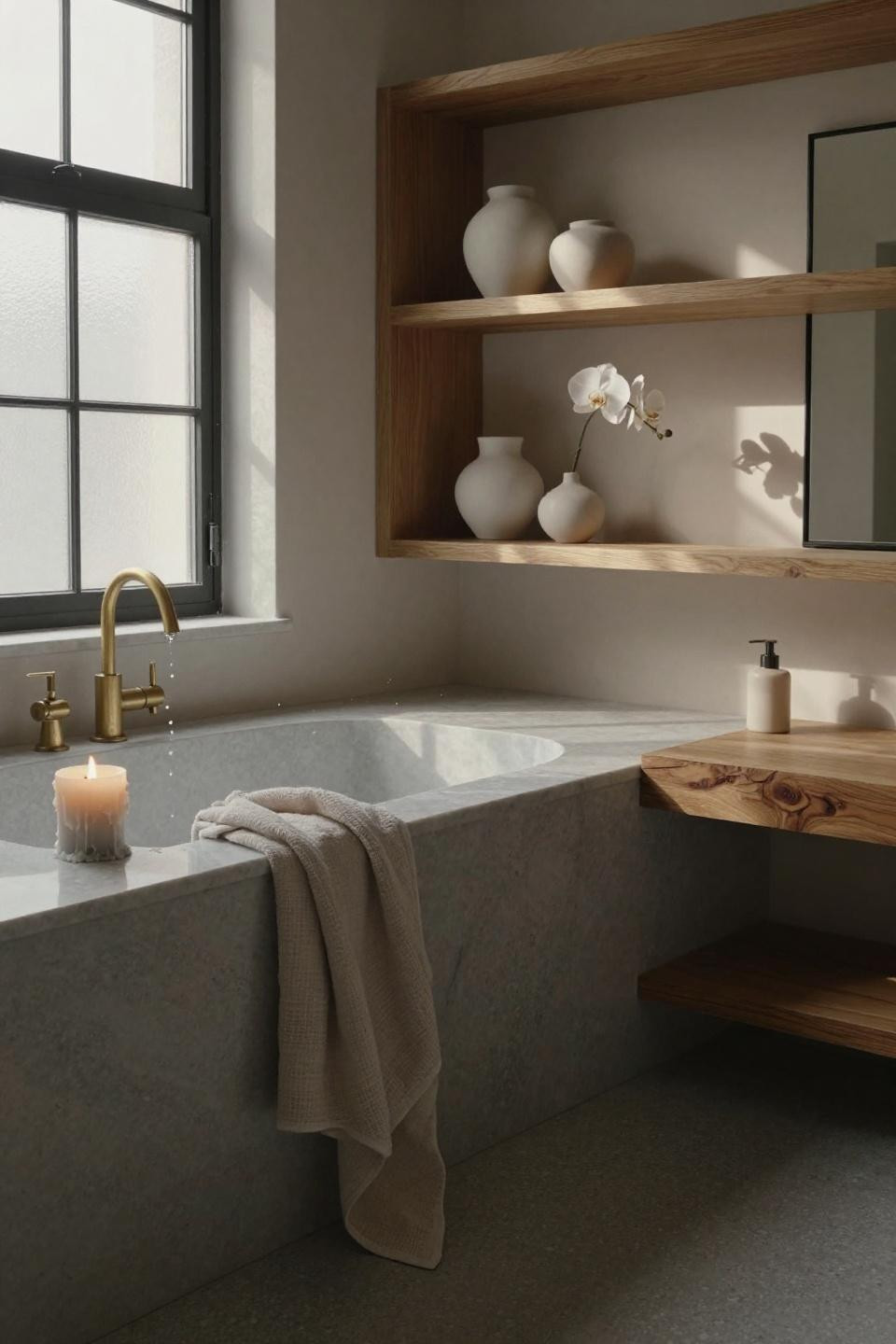 Half Bathroom Ideas - live-edge oak shelf with greenery in compact bathroom