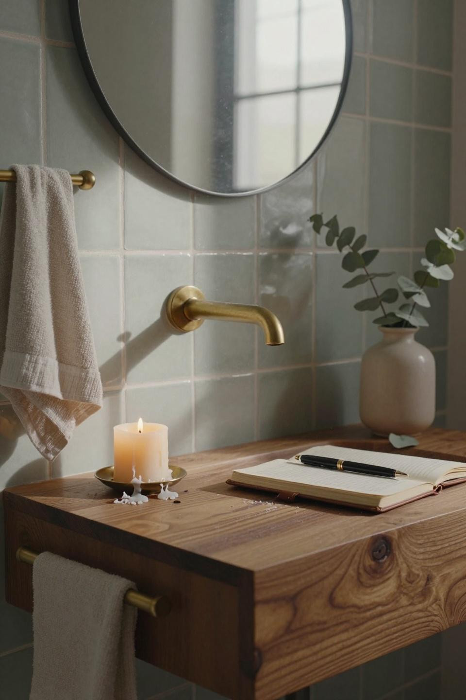 Half Bathroom Ideas - handmade zellige backsplash with brass fixtures