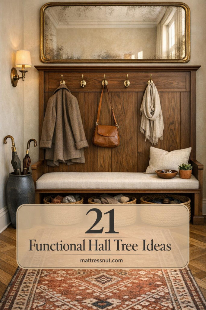 Walnut hall tree with brass hooks, cream linen bench, woven baskets, vintage mirror, and herringbone floors in bright entryway