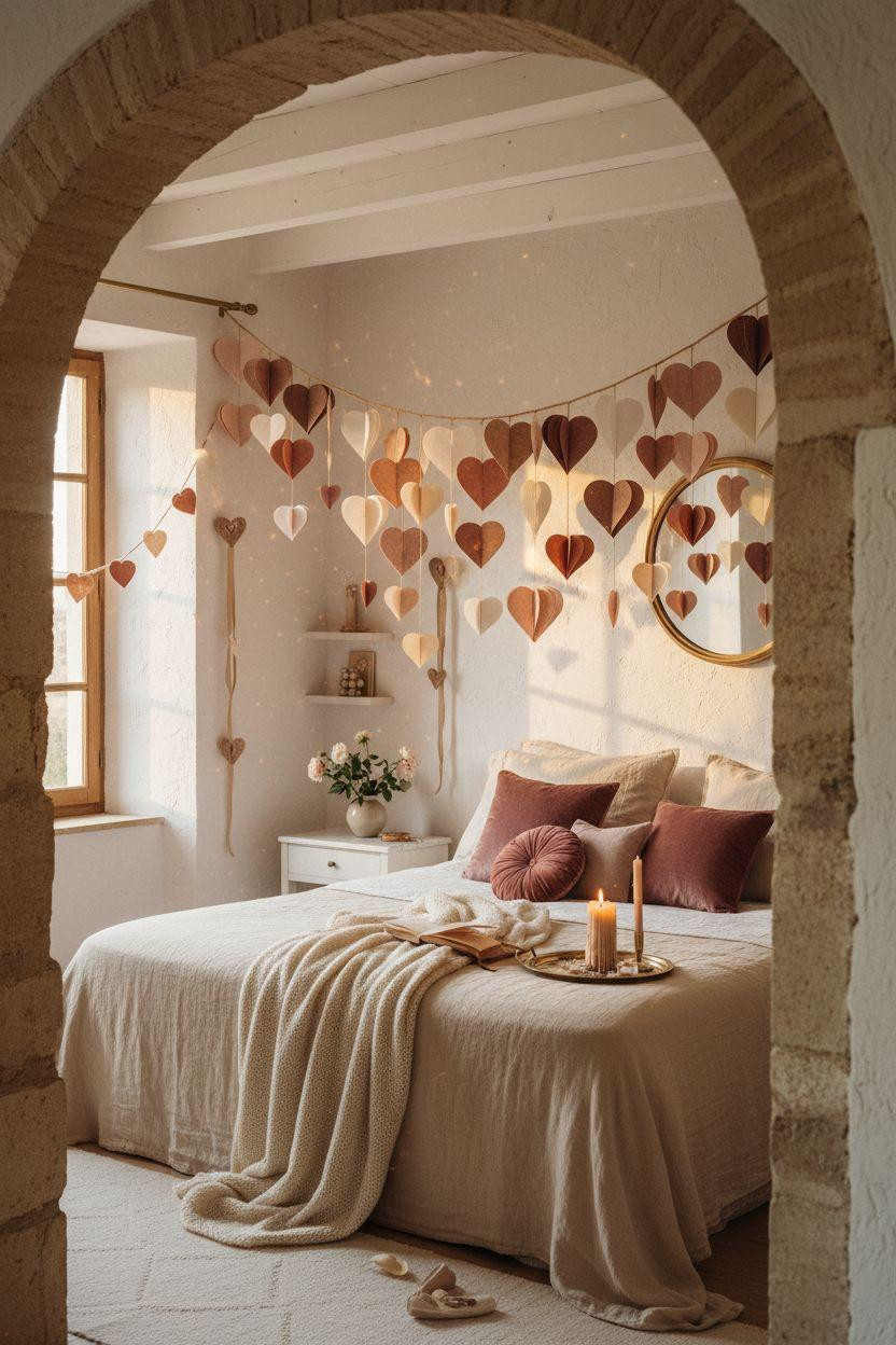 heart decorations - brass and paper hearts above bed