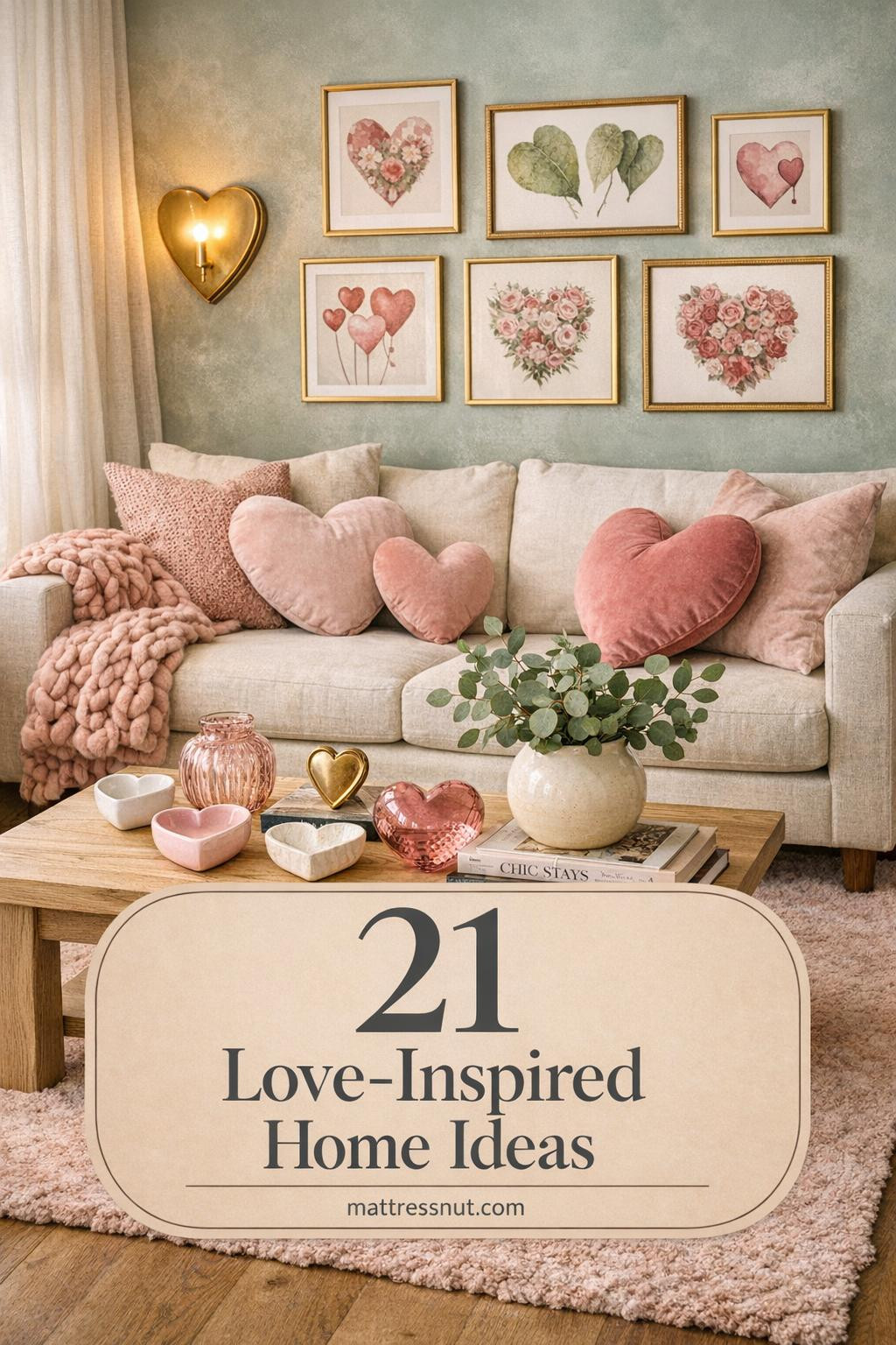 Cream sofa with pink heart cushions, sage walls with framed botanical prints, oak coffee table with heart dishes and glass vases