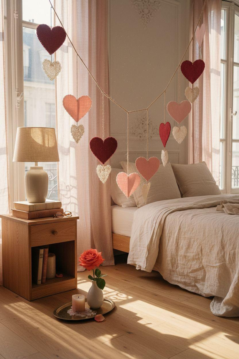 heart decorations - hanging felt hearts in bedroom