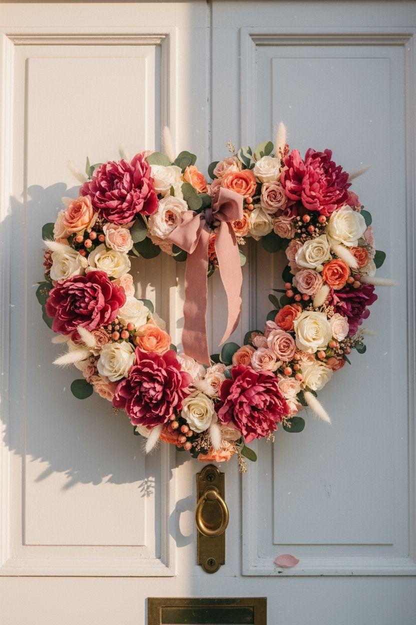 Valentine's Day wreath with blush peonies and sage eucalyptus on white door
