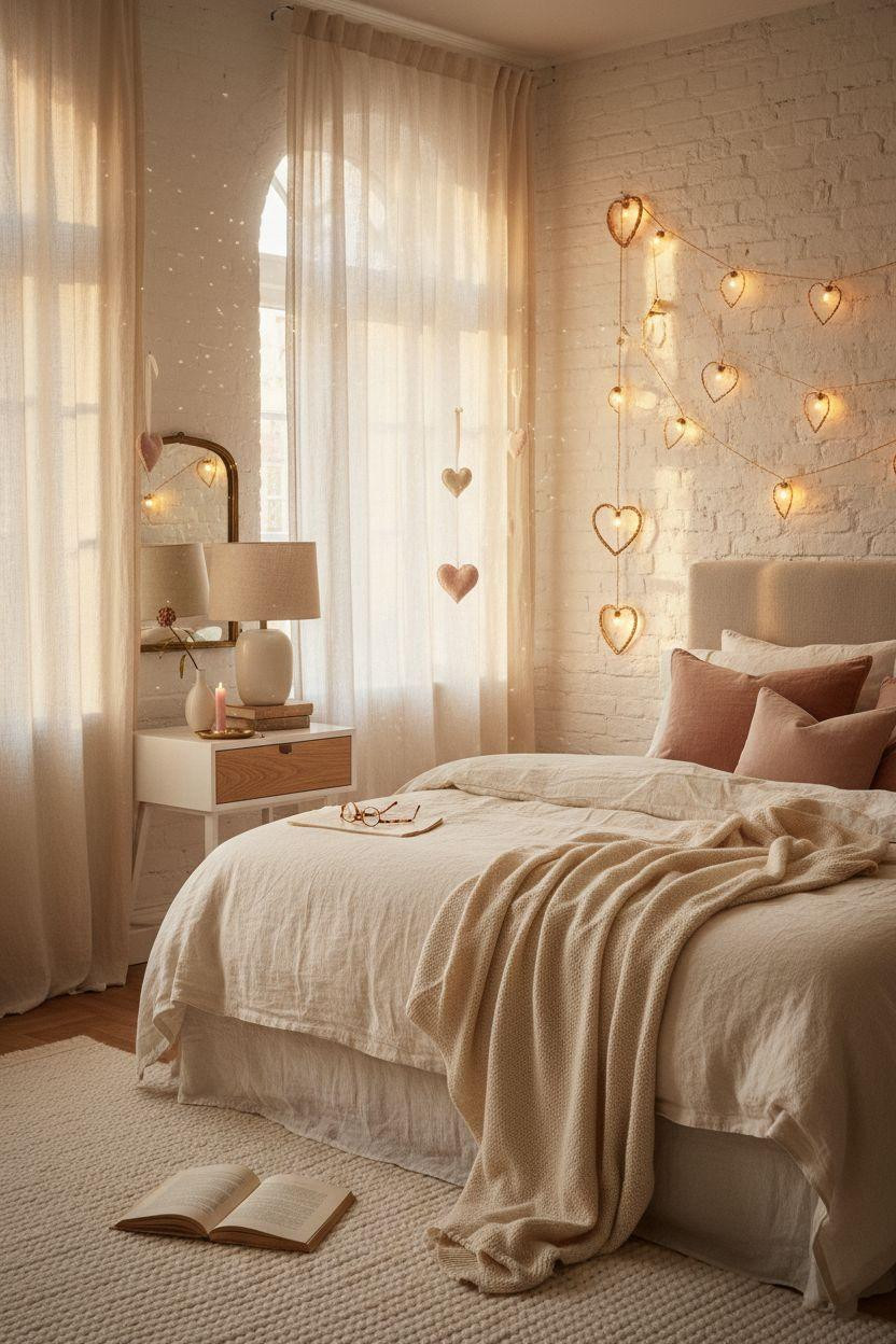 heart decorations - Edison bulbs with paper hearts