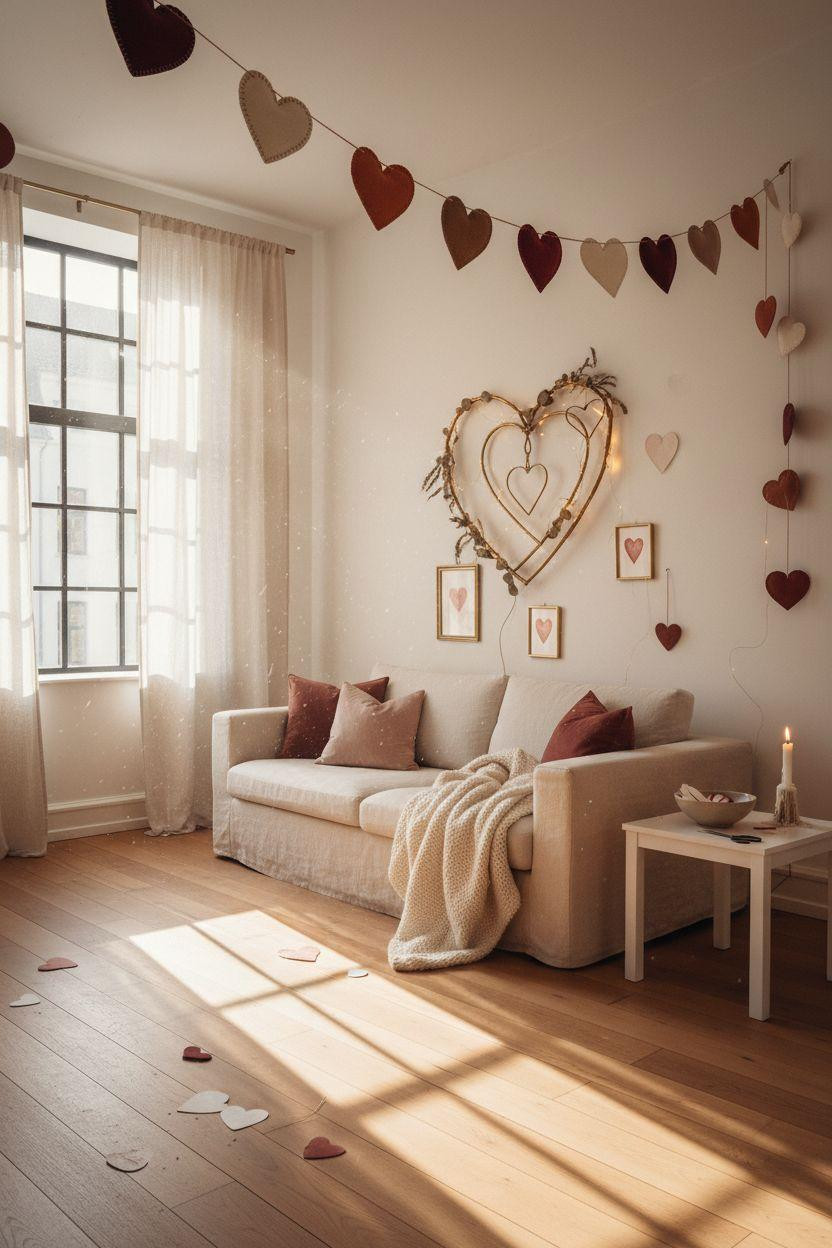 heart decorations - brass wire hearts on white wall