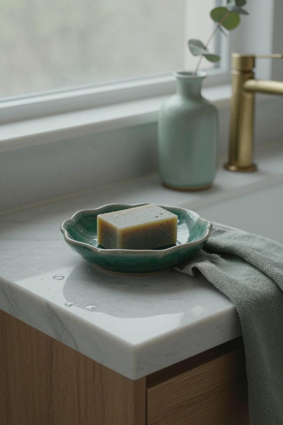 Green bathroom with ceramic soap dish on marble countertop