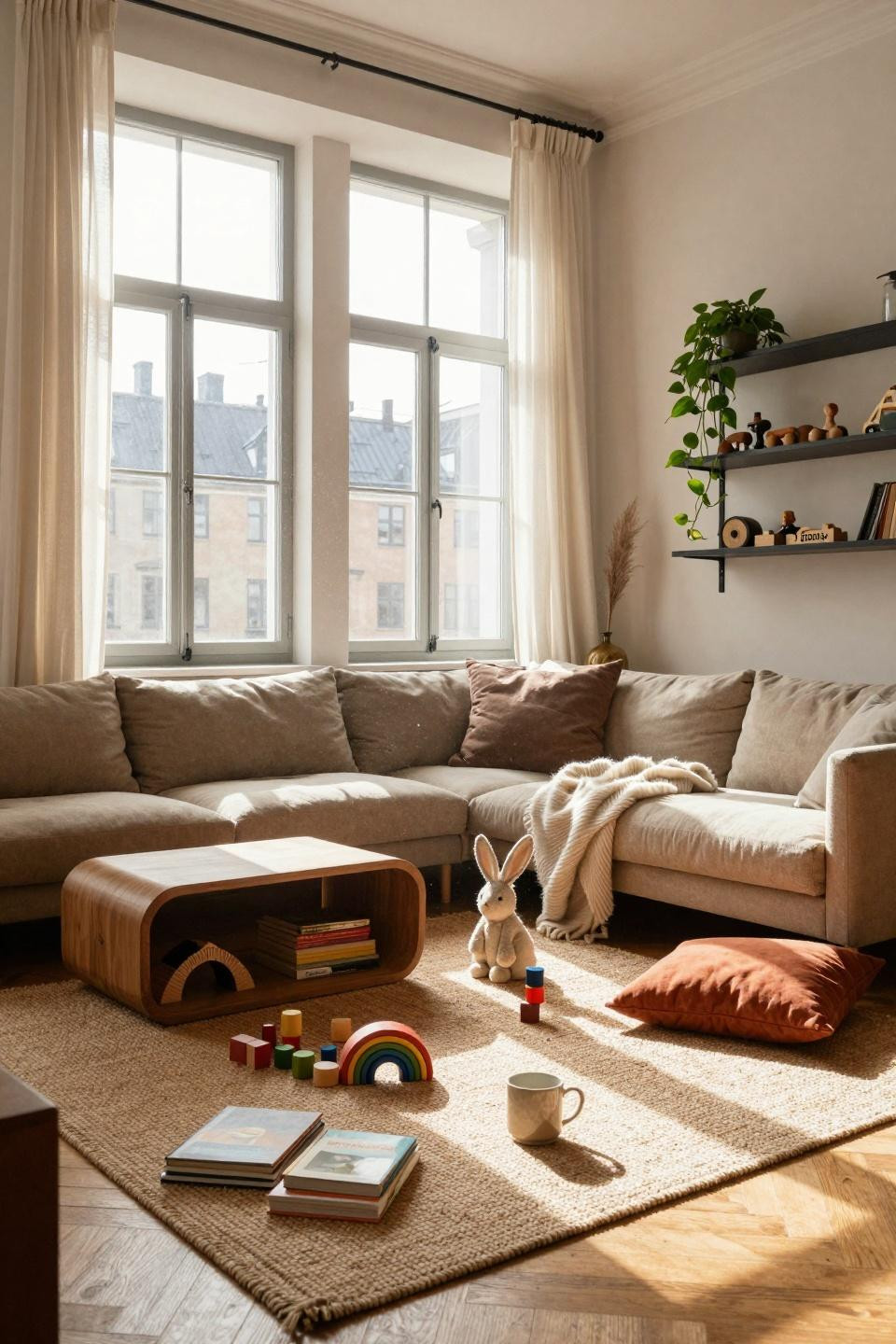 Kid Friendly Living Room with open shelving