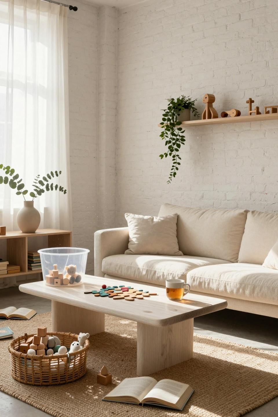 Kid Friendly Living Room with exposed brick