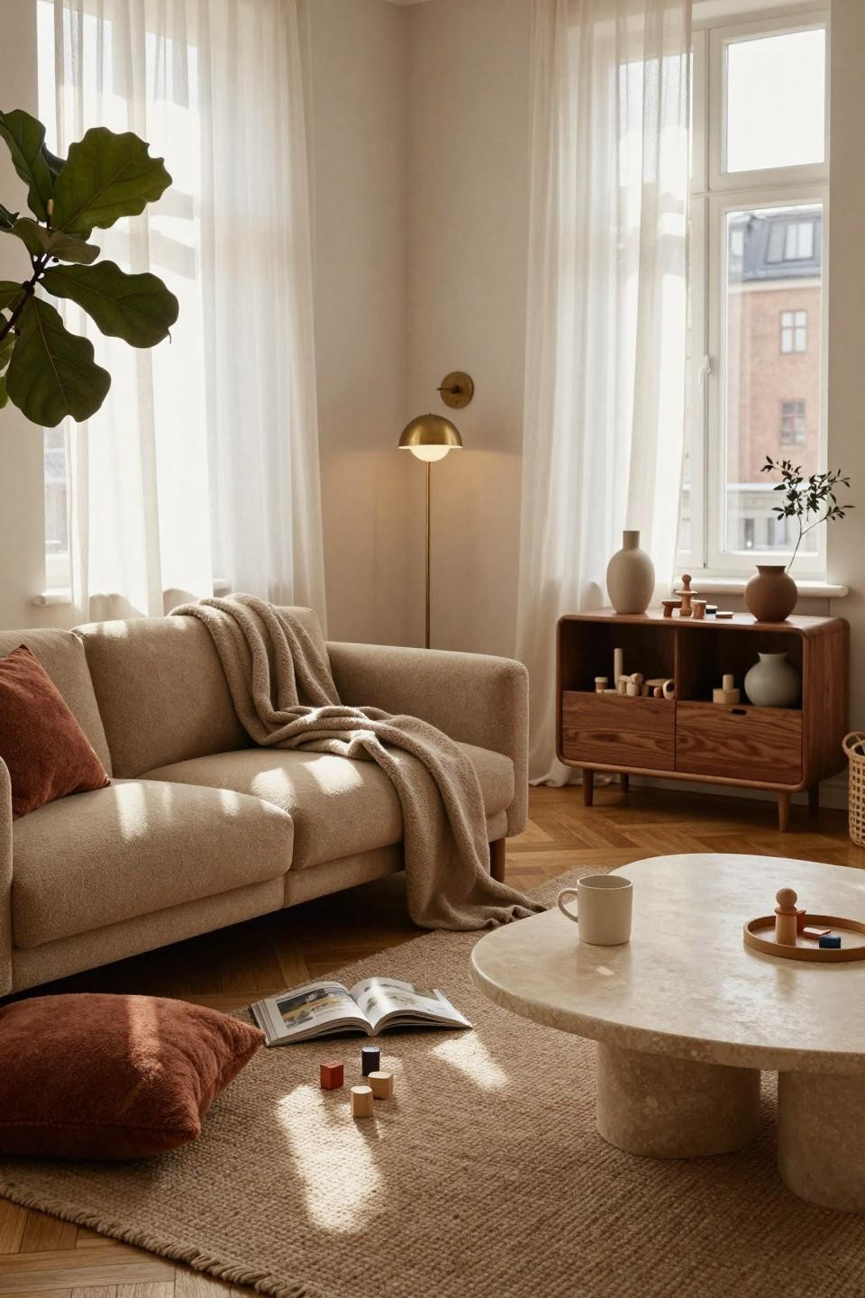 Kid Friendly Living Room with storage bench