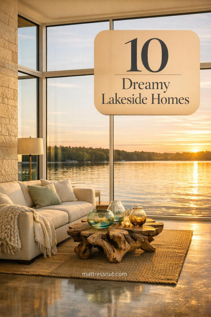 Modern lakeside living room featuring floor-to-ceiling glass walls, cream linen sofa, white oak floors, and driftwood coffee table with golden sunlight streaming across the space