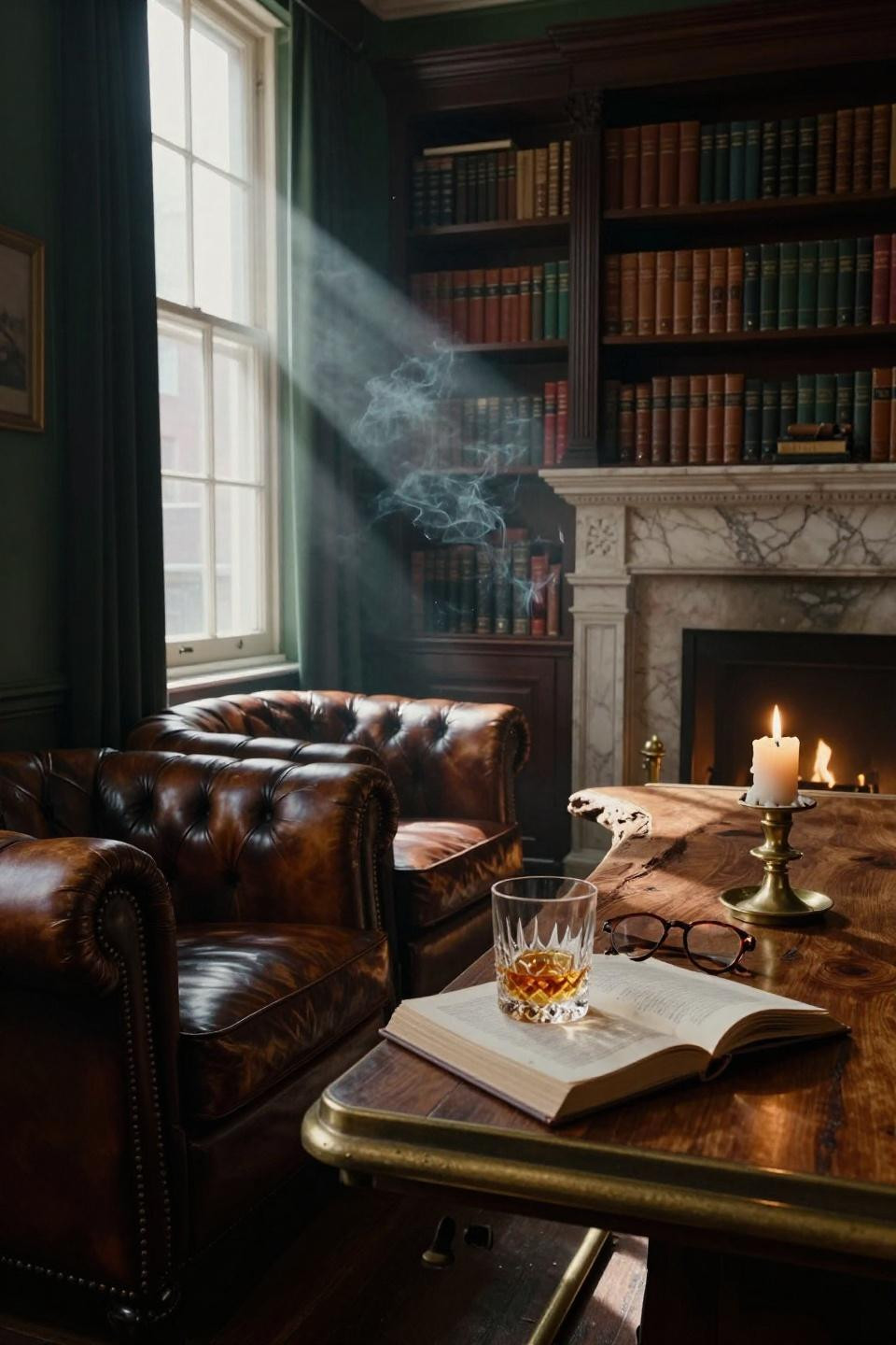 Speakeasy room ideas in Georgian style with fireplace and leather chairs
