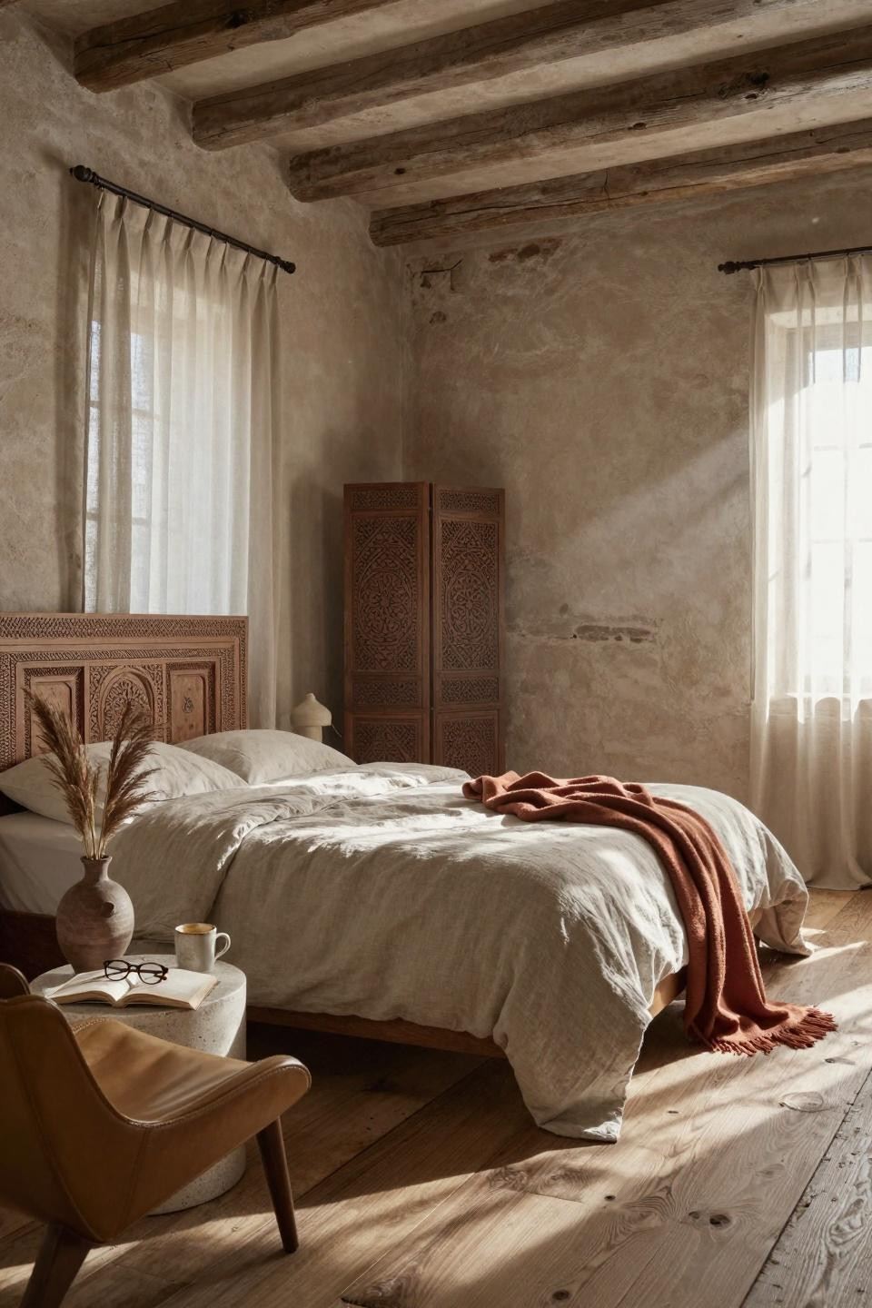 Earthy Moody Bedroom with soft morning light and warm greige plaster walls