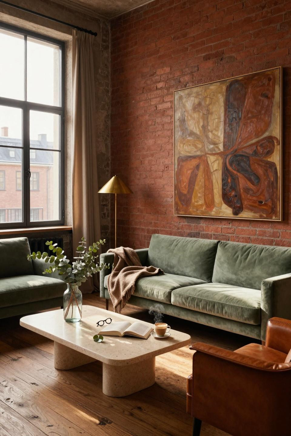 Living Room Paint Color Ideas - terracotta walls with sage sofa and leather chair