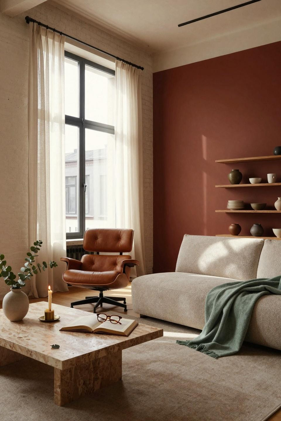 Living Room Paint Color Ideas - terracotta and white with exposed brick
