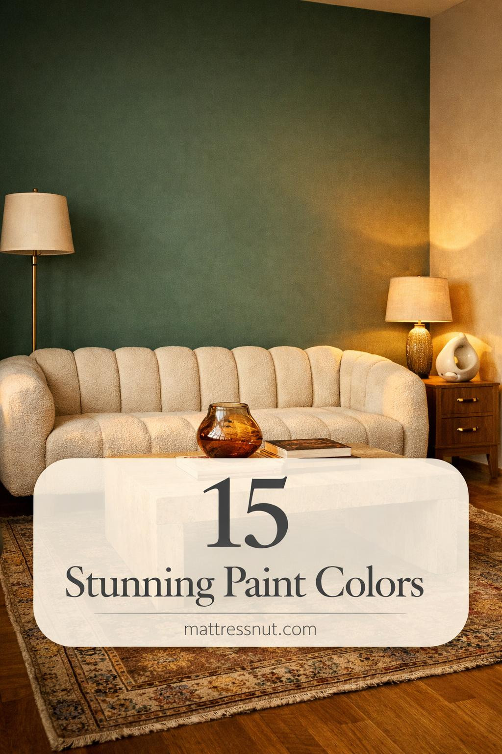 Collection of living room walls painted in warm neutrals, soft blues, sage greens, and rich terracotta tones with modern furniture