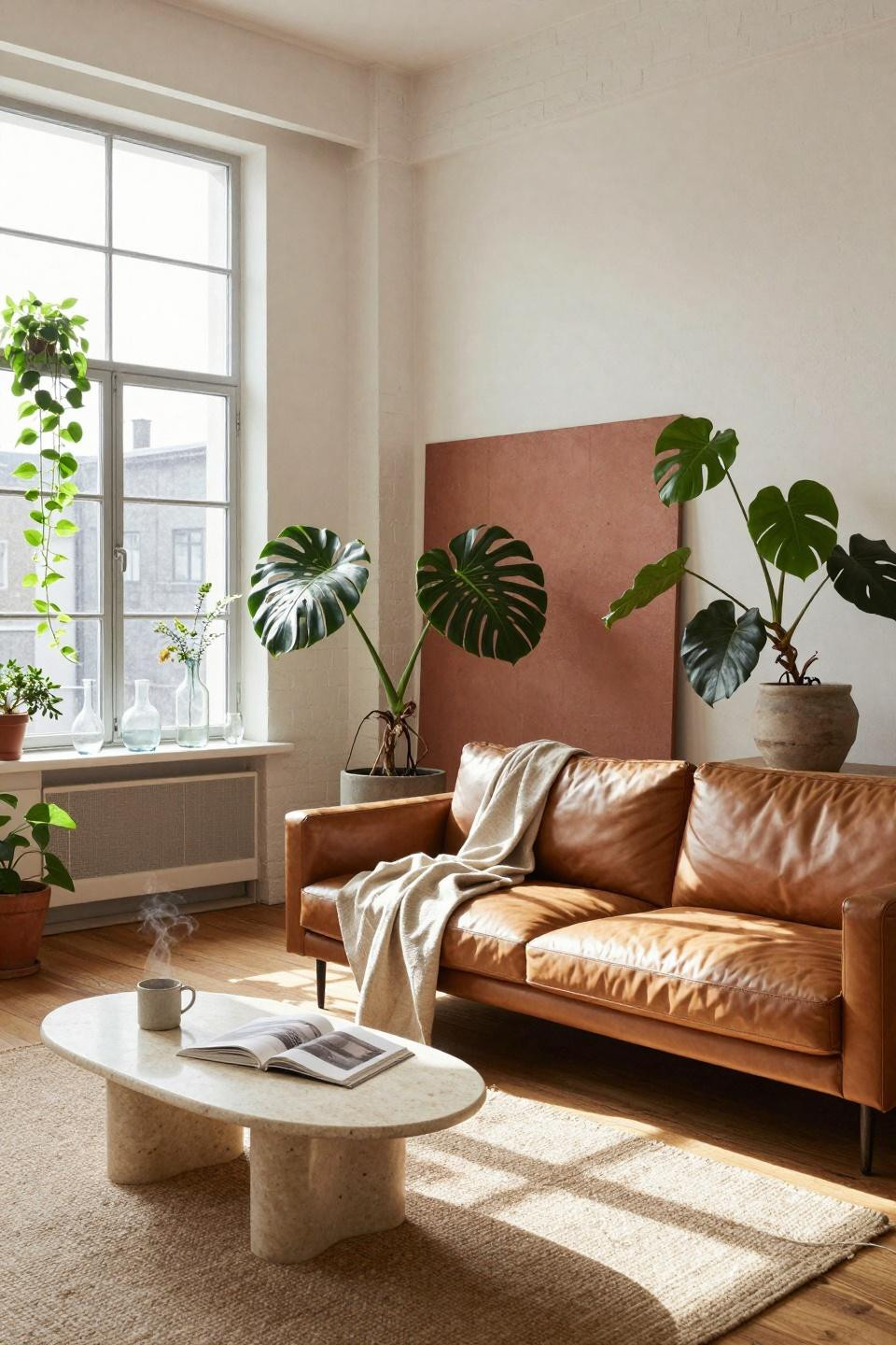 Living Room Paint Color Ideas - creamy white with honey oak and sage green