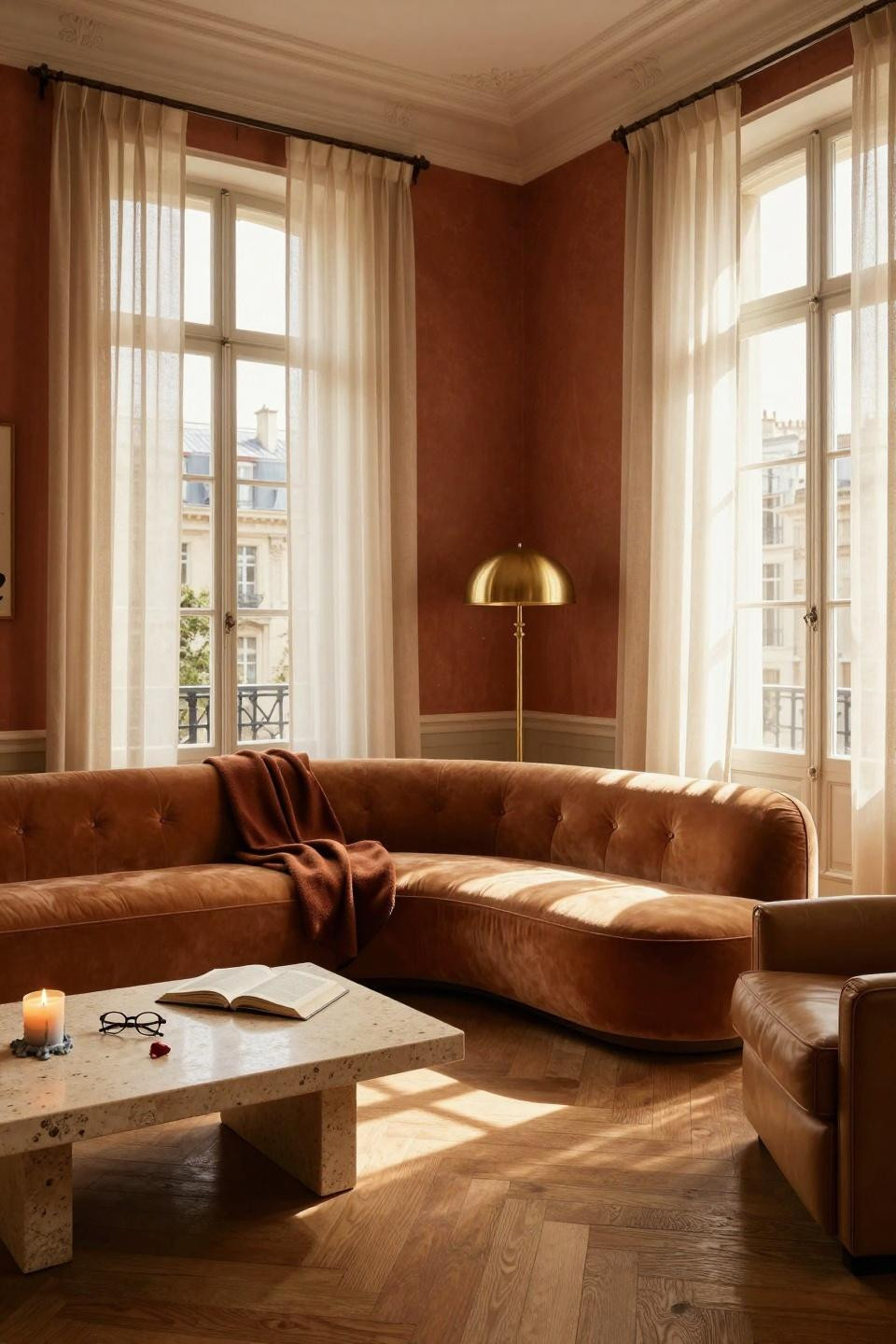 Living Room Paint Color Ideas - terracotta with cognac velvet and travertine