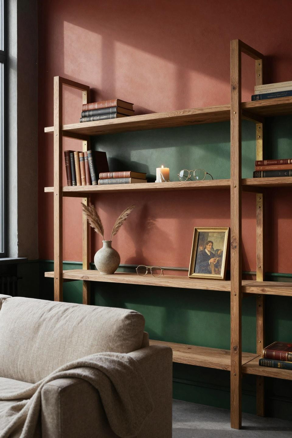 Living Room Paint Color Ideas - forest green shelving with terracotta walls