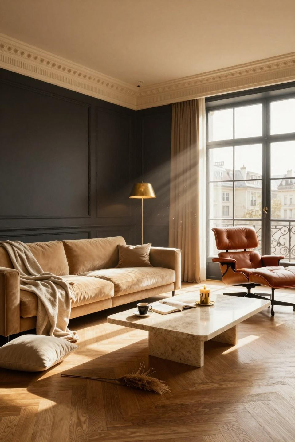 Living Room Paint Color Ideas - cream and charcoal two-tone with brass