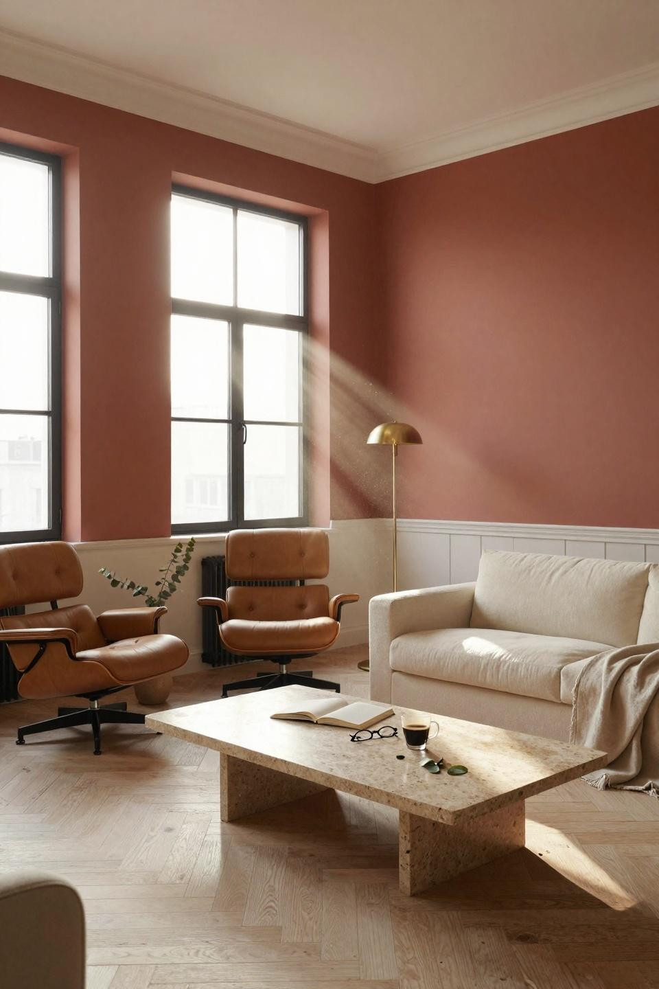 Living Room Paint Color Ideas - terracotta accent wall with oak floors
