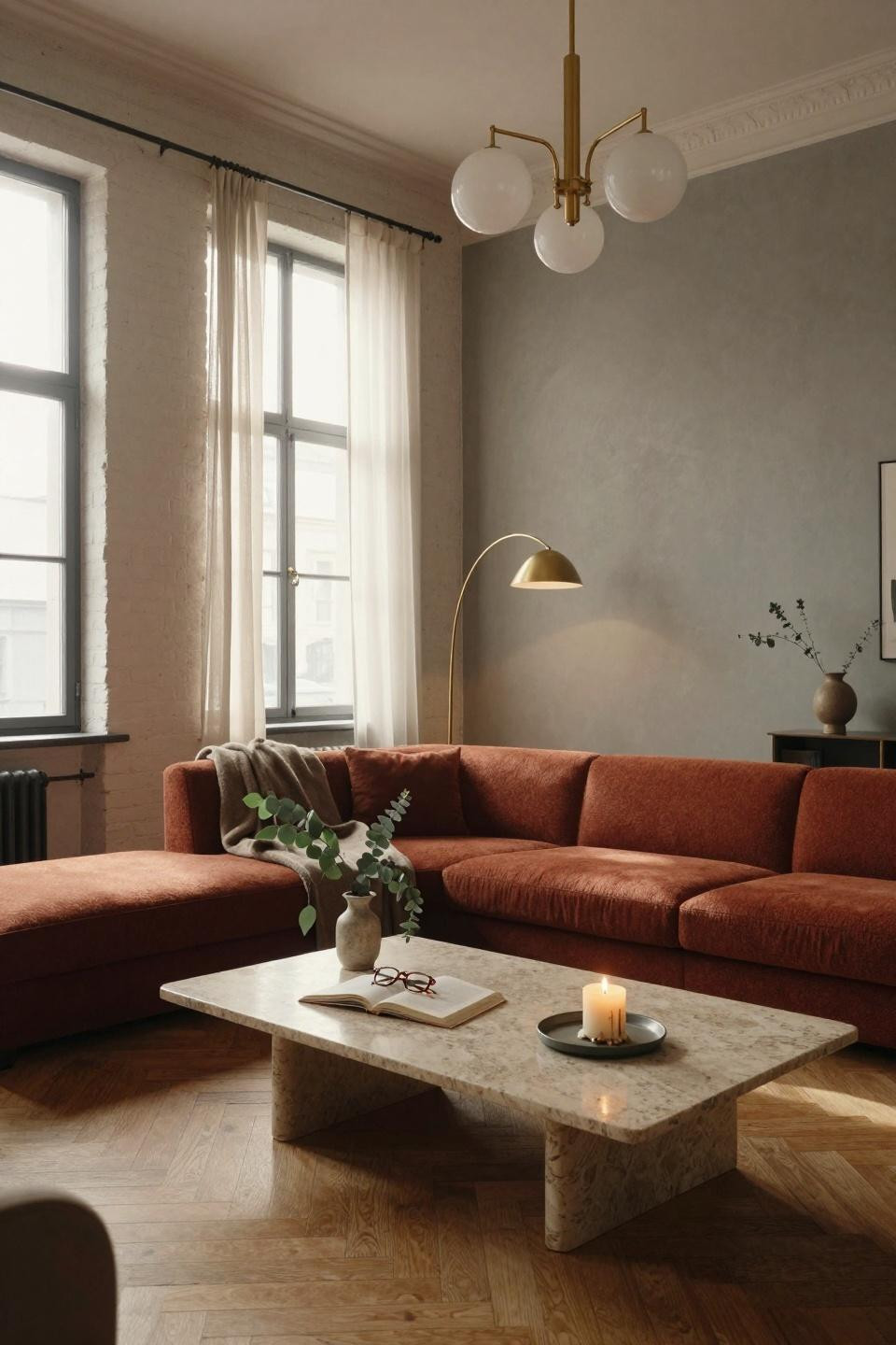 Living Room Paint Color Ideas - terracotta sofa with sage gray walls