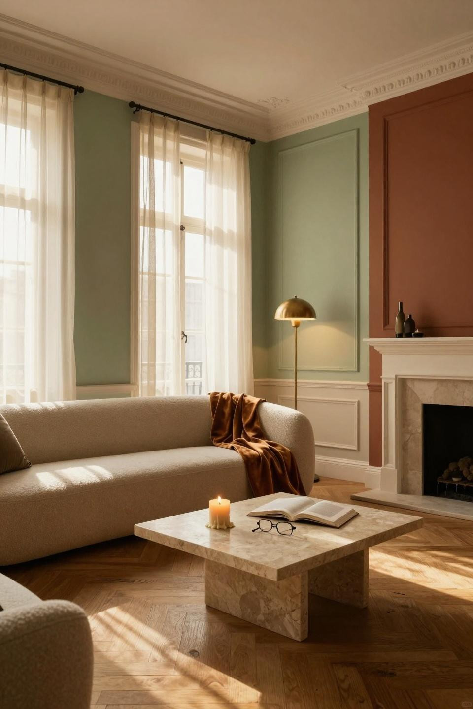 Living Room Paint Color Ideas - sage green and terracotta tri-tone walls