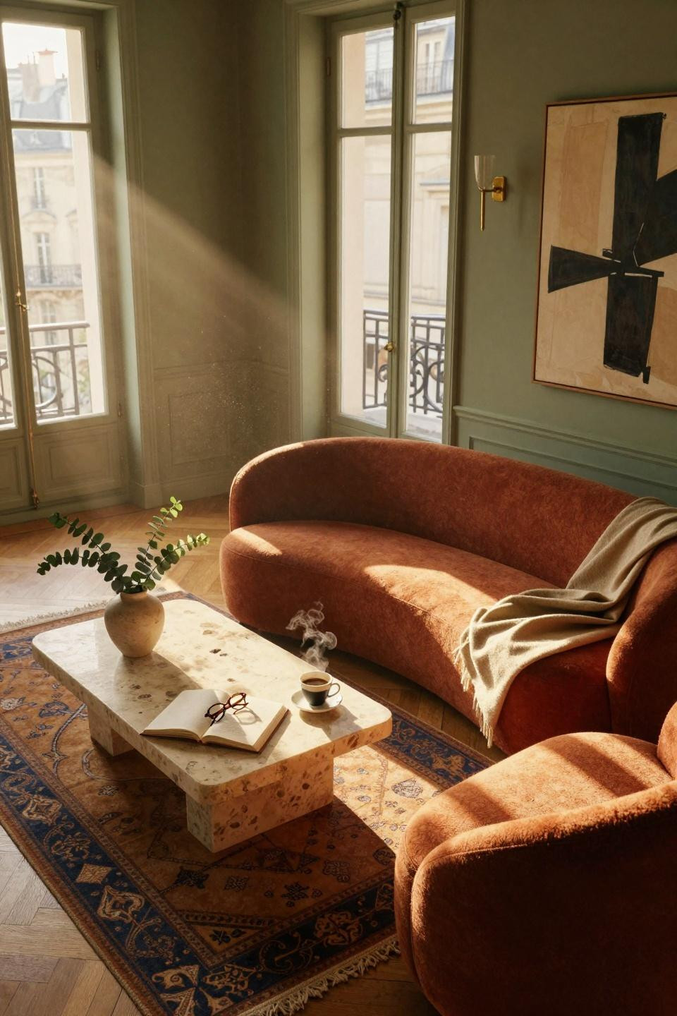 Living Room Paint Color Ideas - terracotta and sage green scheme with oak floors