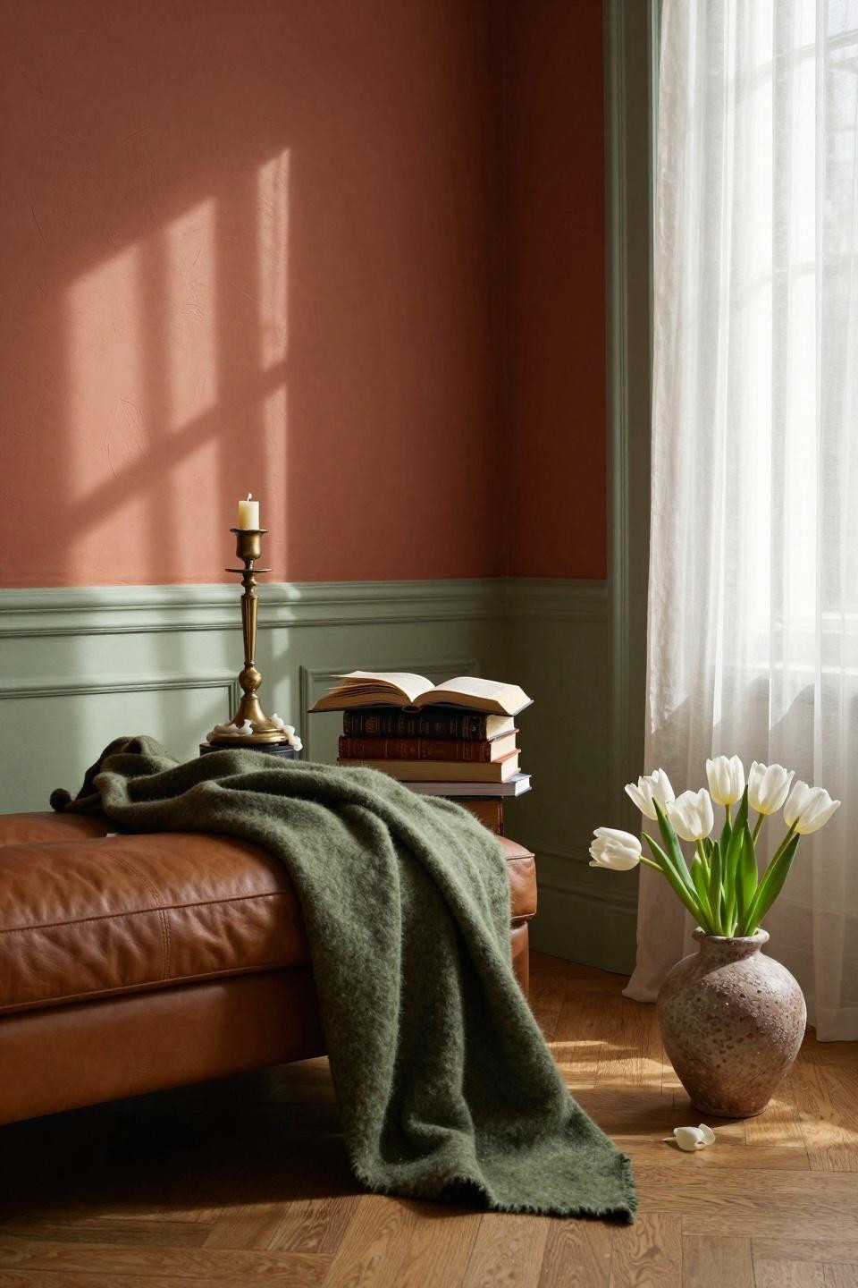 Living Room Paint Color Ideas - terracotta and sage wainscoting with brass