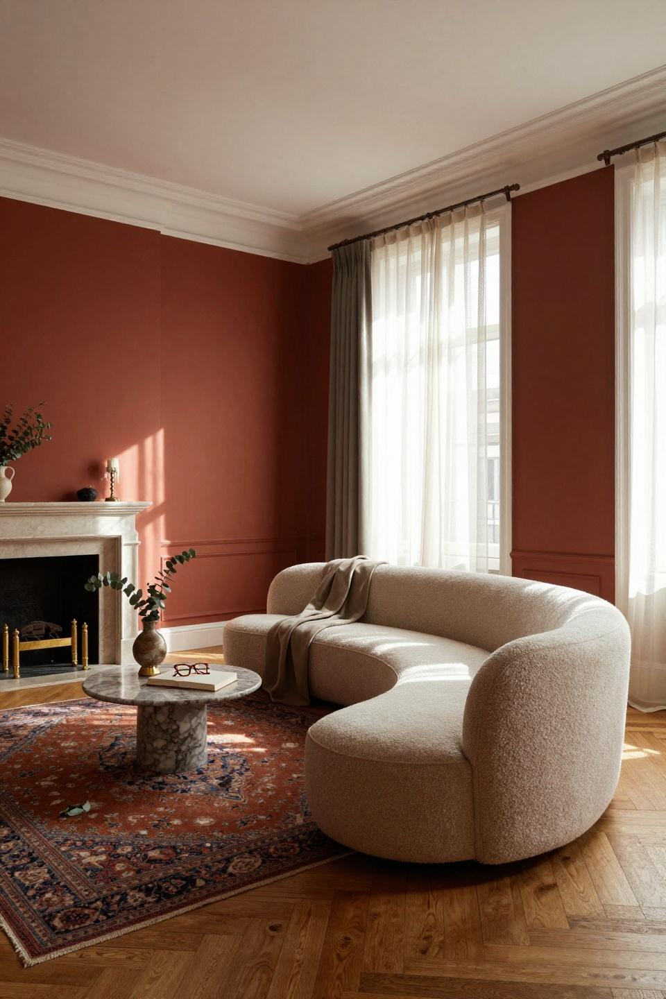 Living Room Paint Color Ideas - deep terracotta with white crown molding