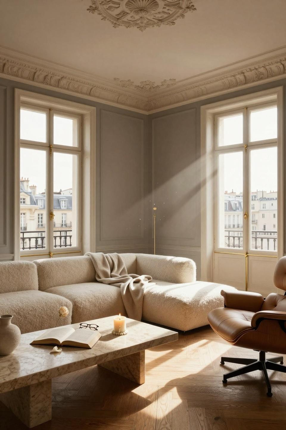 Living Room Paint Color Ideas - warm greige with cream molding and ivory bouclé