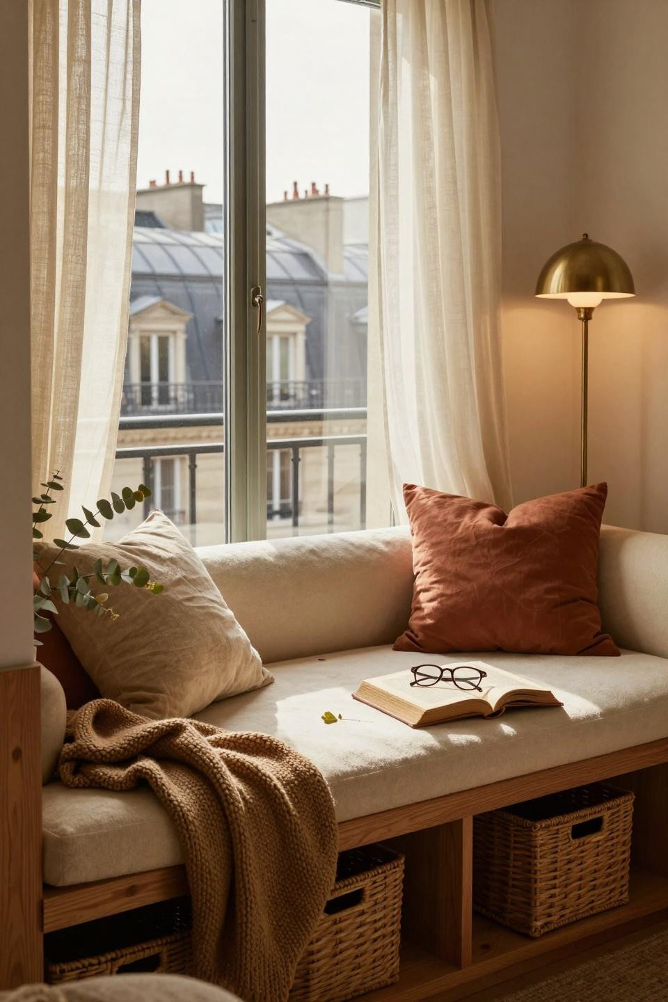 Window Sitting Ideas - expansive Parisian window seat with storage
