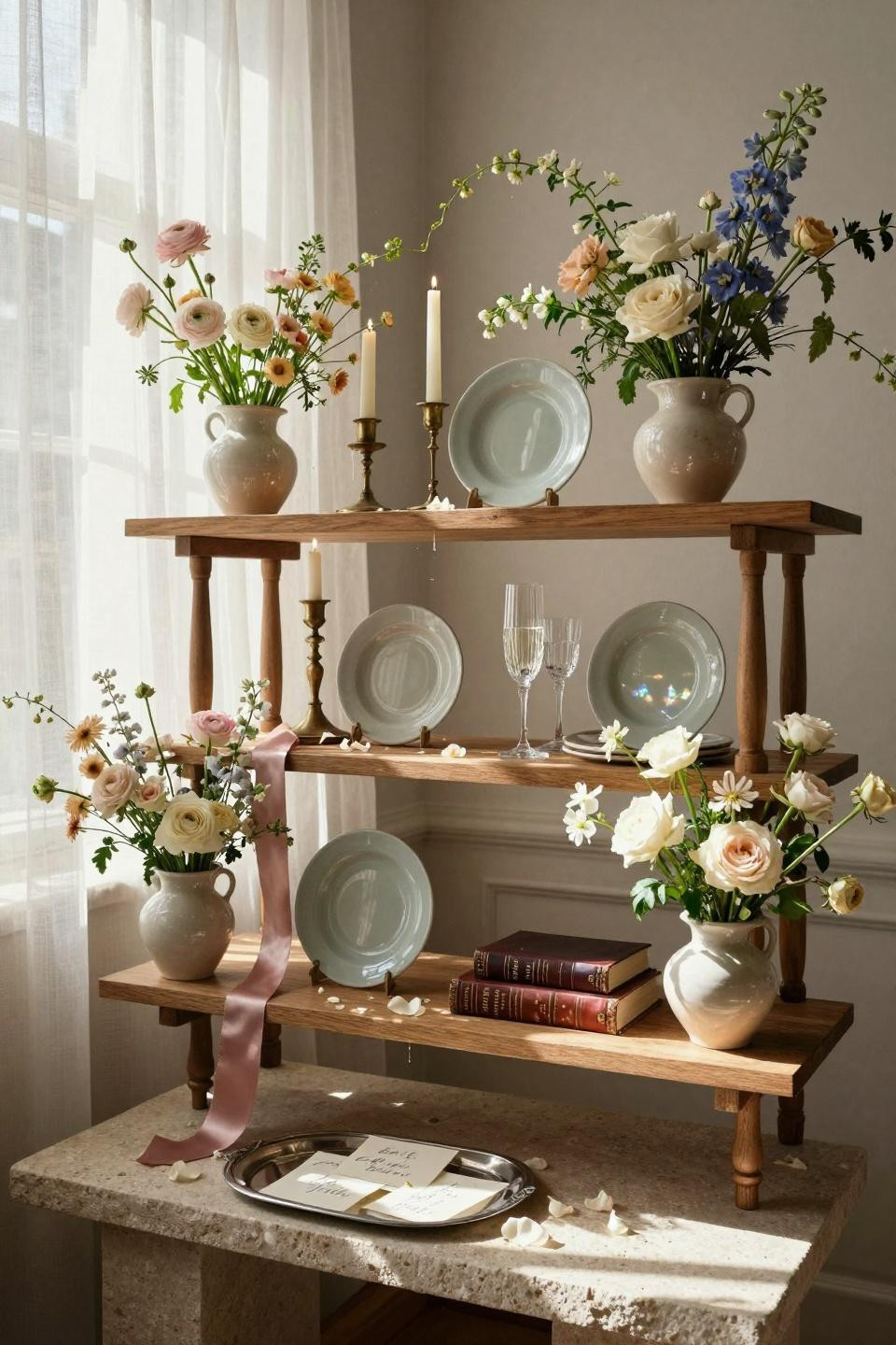 Love Is In Bloom Bridal Shower Theme shelving with wildflowers