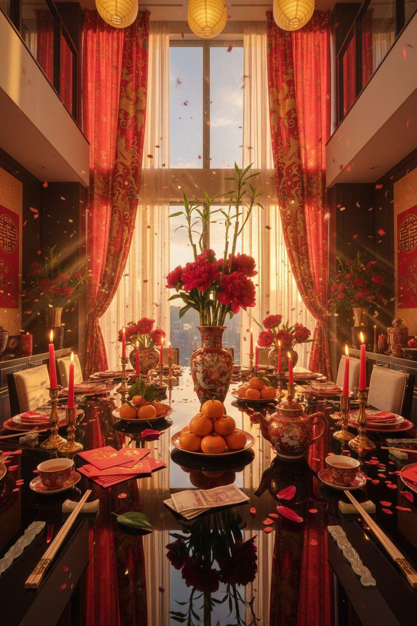 Lunar New Year party - opulent red and gold auspicious setup
