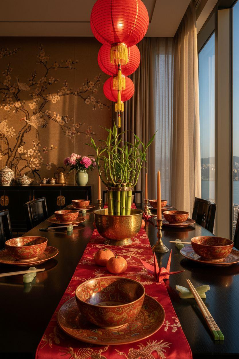 Lunar New Year party - crimson and gold dining table celebration