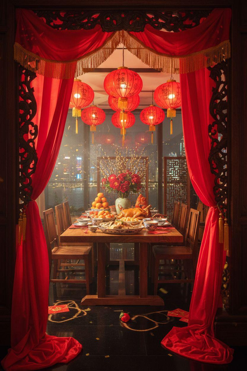 Lunar New Year party - archway view of opulent feast setup