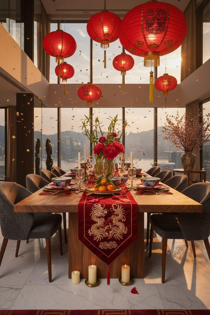 Lunar New Year party - modern celebration with red paper lanterns