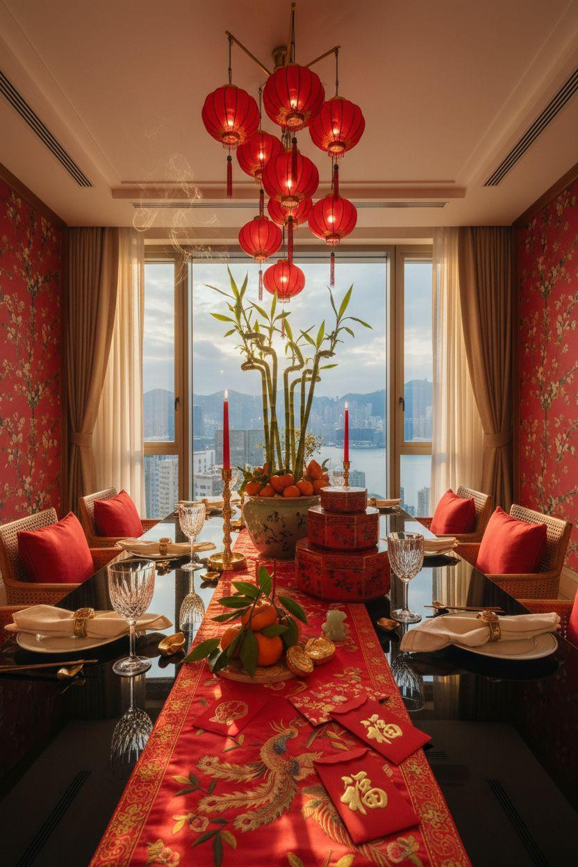 Lunar New Year party - intimate penthouse dining setup with red lanterns