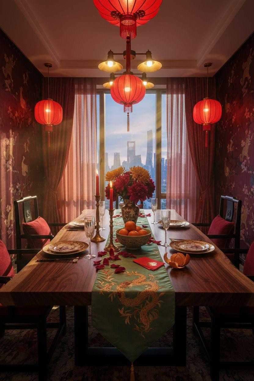 Lunar New Year party - walnut dining table with city views