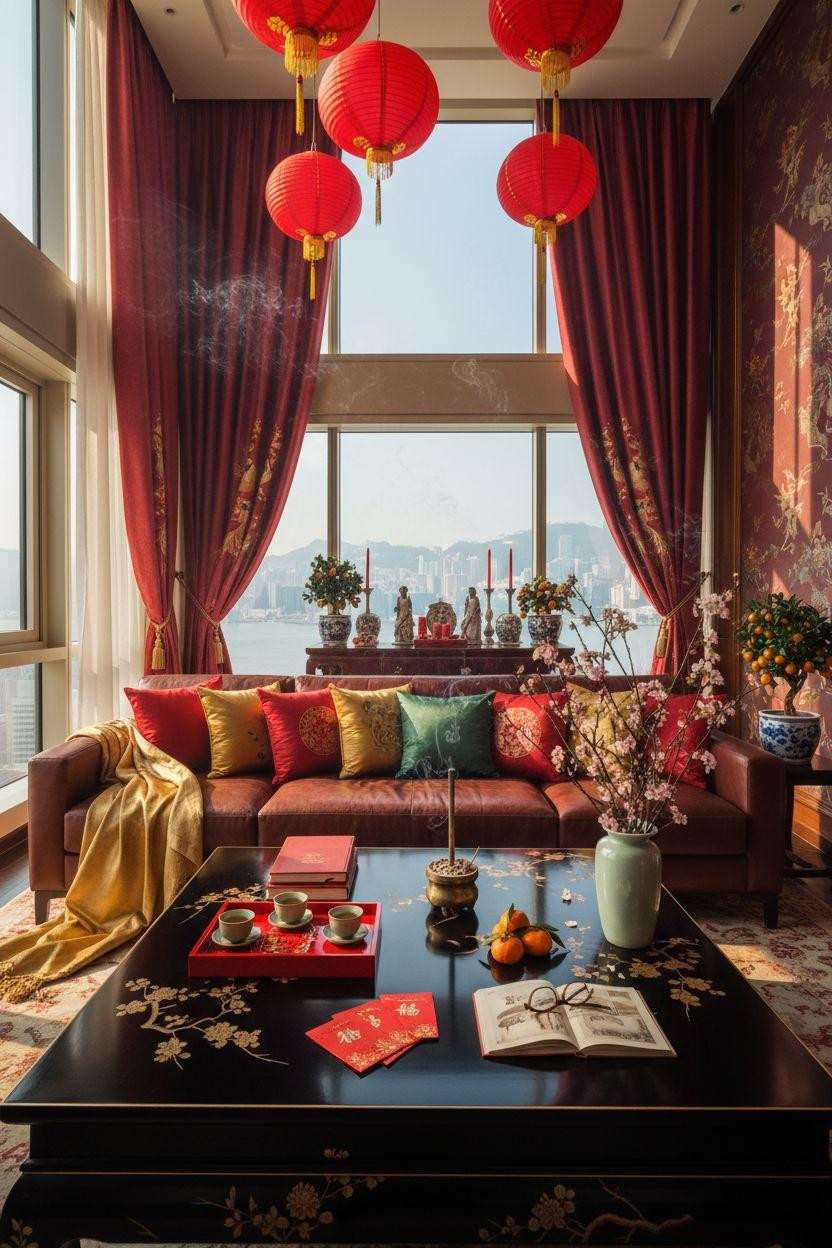 Lunar New Year party - leather lounge with red silk accents