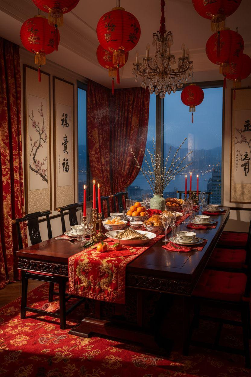 Lunar New Year party - dramatic lighting with lucky decorations