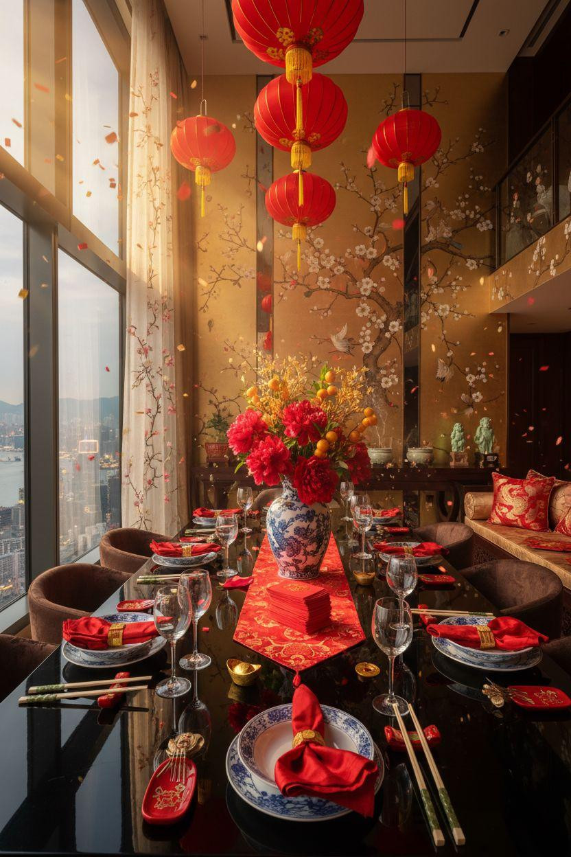Lunar New Year party - red and gold luxury feast styling