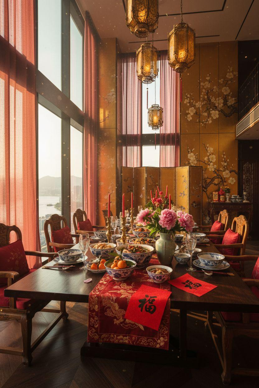 Lunar New Year party - grand Asian New Year celebration setup