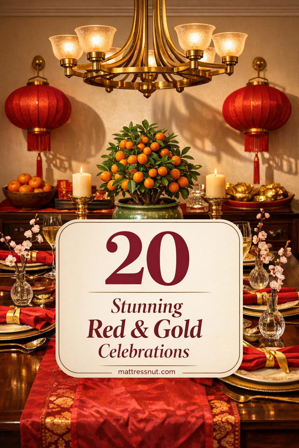 Elegant dining room with mahogany table, crimson runner, gold chargers, brass chandelier, red lanterns, kumquat centerpiece