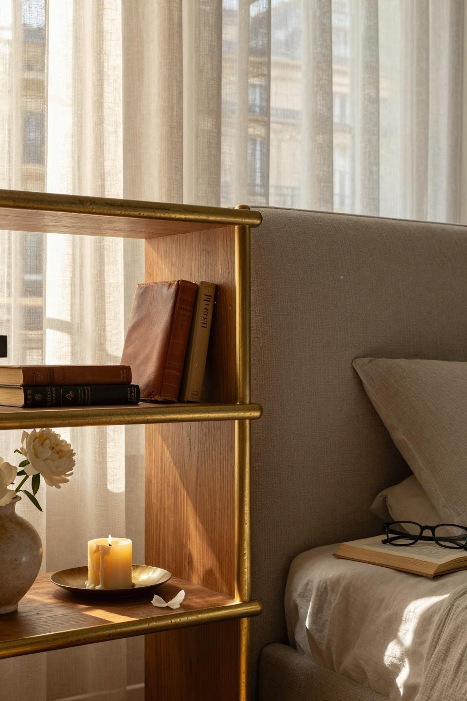 Luxurious Bedrooms Master Romantic - close-up of custom shelving and upholstered headboard