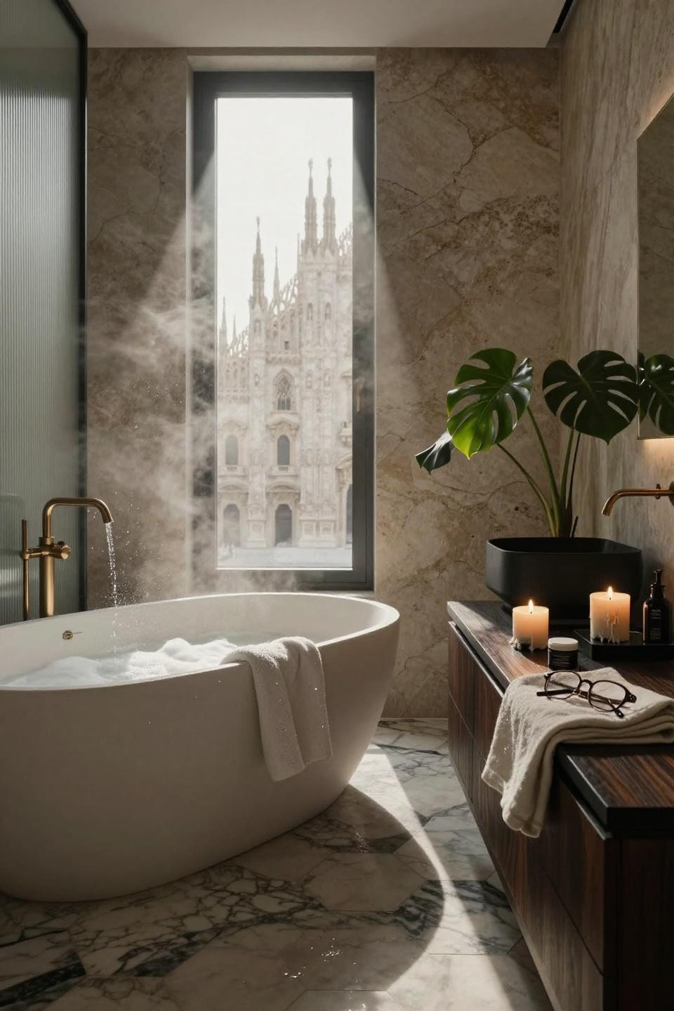 Luxury Bathroom Ideas - black fixtures with warm stone